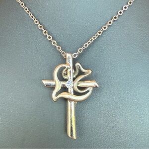 Cross Peace Dove Cubic Zirconia Stone Pendant Necklace Brooch Pin Silver Tone